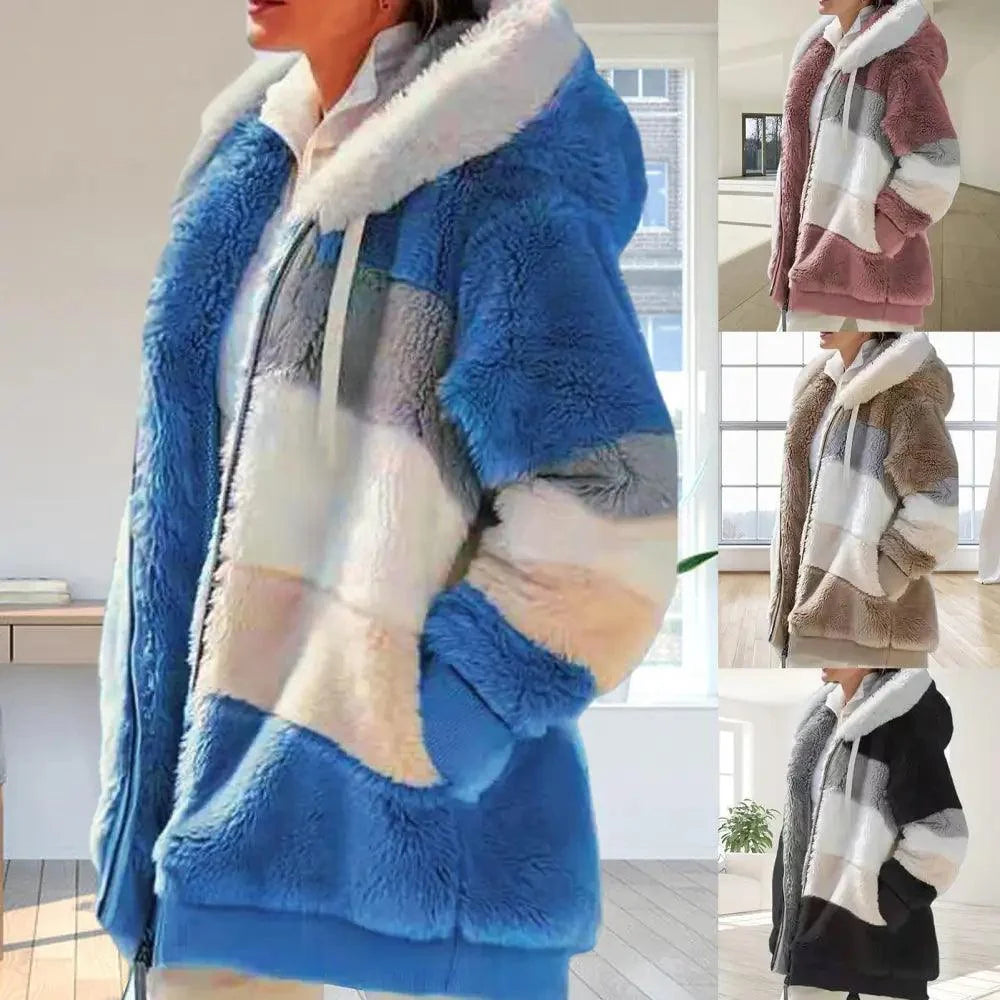 Women's Plus Size Color Block Hooded Coat