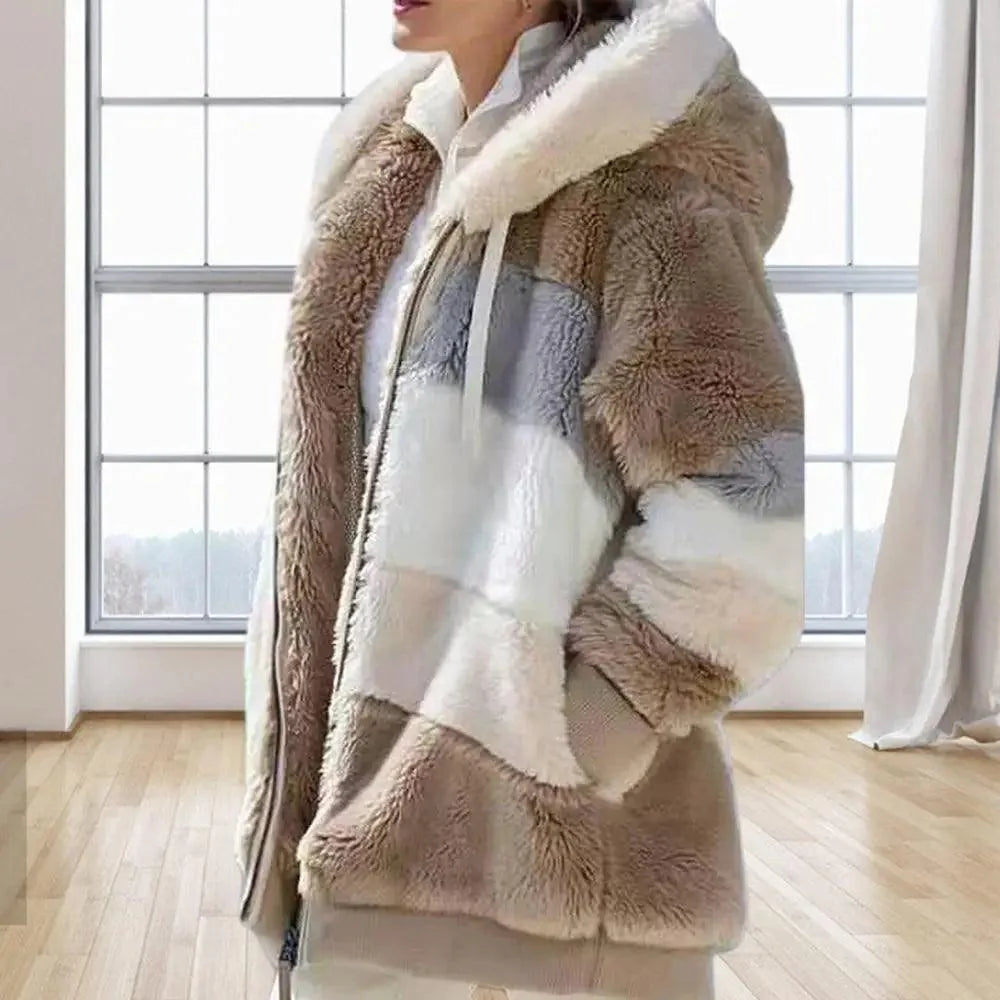 Women's Plus Size Color Block Hooded Coat