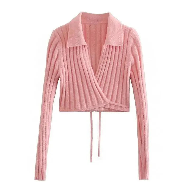Unique Design Women's Sweater Solid Cross V-Neck Lace Up Bow Jumpers Long Sleeve Cardigan Female Spring Knitted Coat